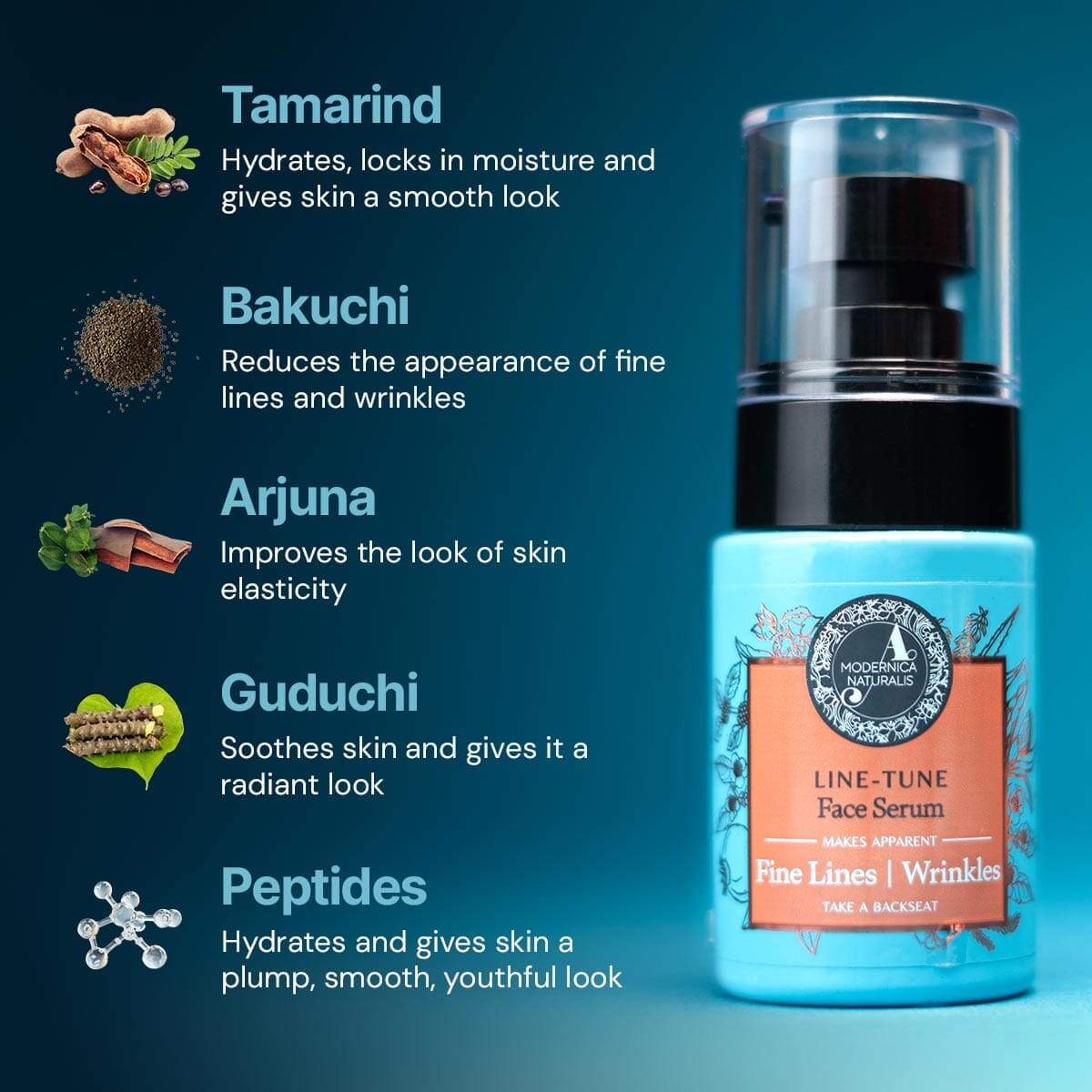 سيروم لاين-توني للوجه - يقلل من ظهور الخطوط الدقيقة والتجاعيد - تركيبة مرطبة مع التمر الهندي والباكوتشي والأرجونا والجودوتشي والببتيدات - أفضل سيروم للوجه للبشرة المتقدمة في السن مع الخطوط الدقيقة والتجاعيد - مع تركيبات مكونات تم اختبارها سريريًا سيروم الوجه A Modernica Naturalis 